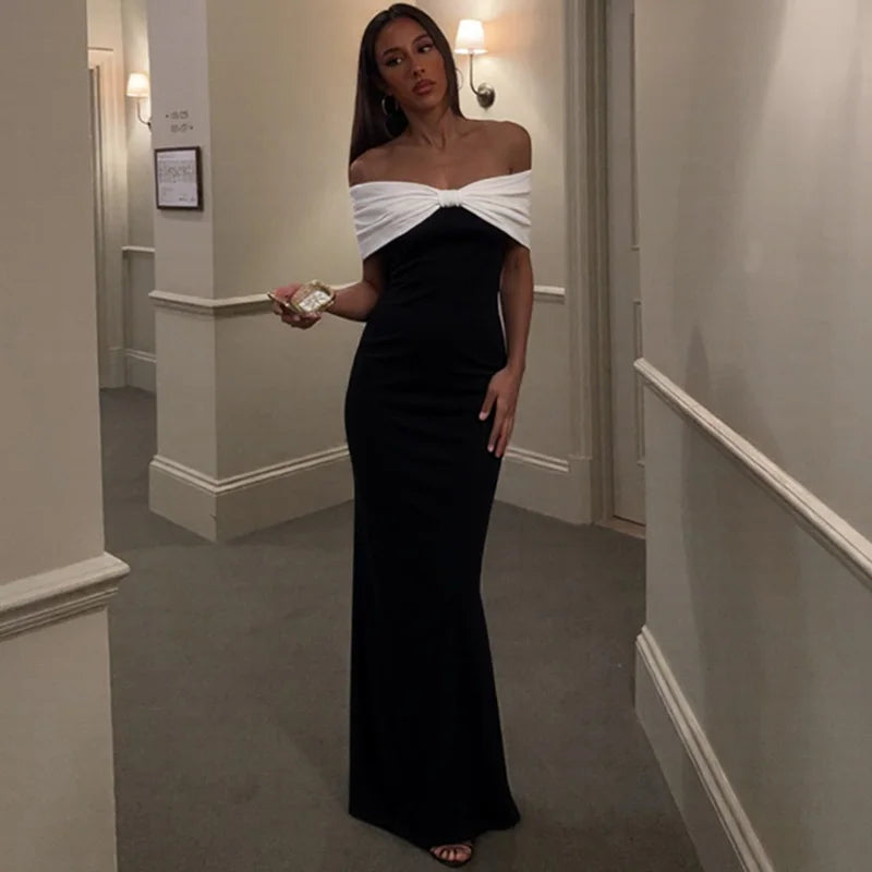 Off Shoulder Patchwork Backless Maxi Dress