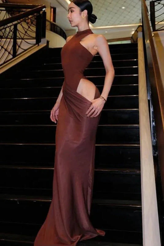 Hollow Out Pleated O Neck Sleeveless Slim High Waist Maxi Dress