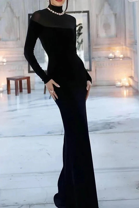 Elegant Slim High Collar Long Sleeve Bodycon Maxi Dress