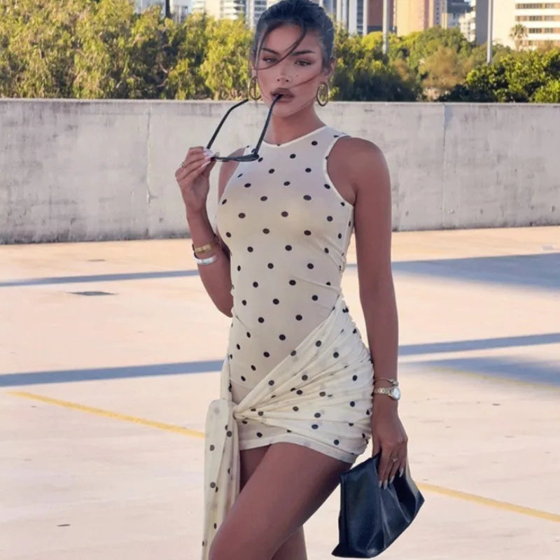 Polka Dot Lace-Up Printed Patchwork Sleeveless Mini Dress