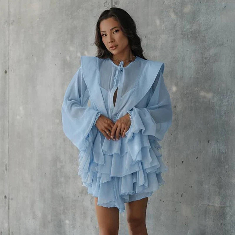See-Through Long Sleeve Lace Up Mini Dress