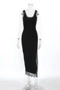 Lace Patchwork V-Neck Sleeveless Printed Maxi Dress