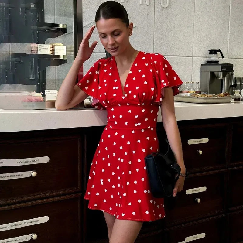 Print V-Neck High Waist Mini Dress