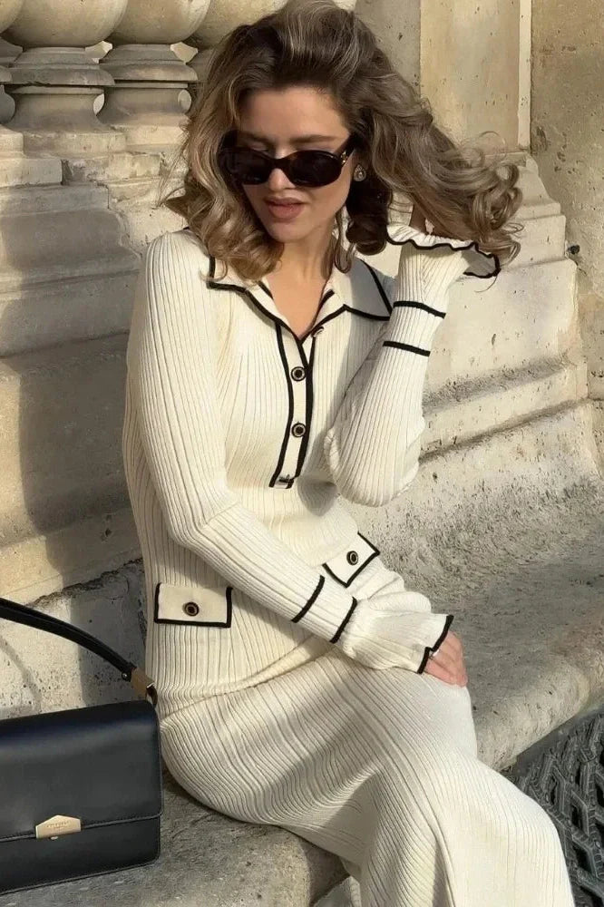 Knitted High Waist Long Sleeve Midi Dress