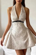Hollow Out Pleated Backless Printed Sleeveless Mini Dress
