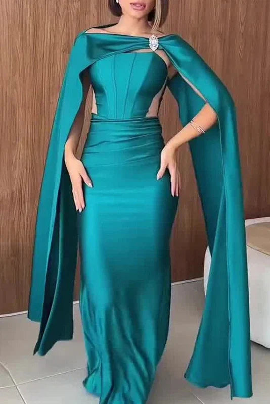 Hollow Out Shawl Long Sleeve High Waist Pleated Maxi Dress