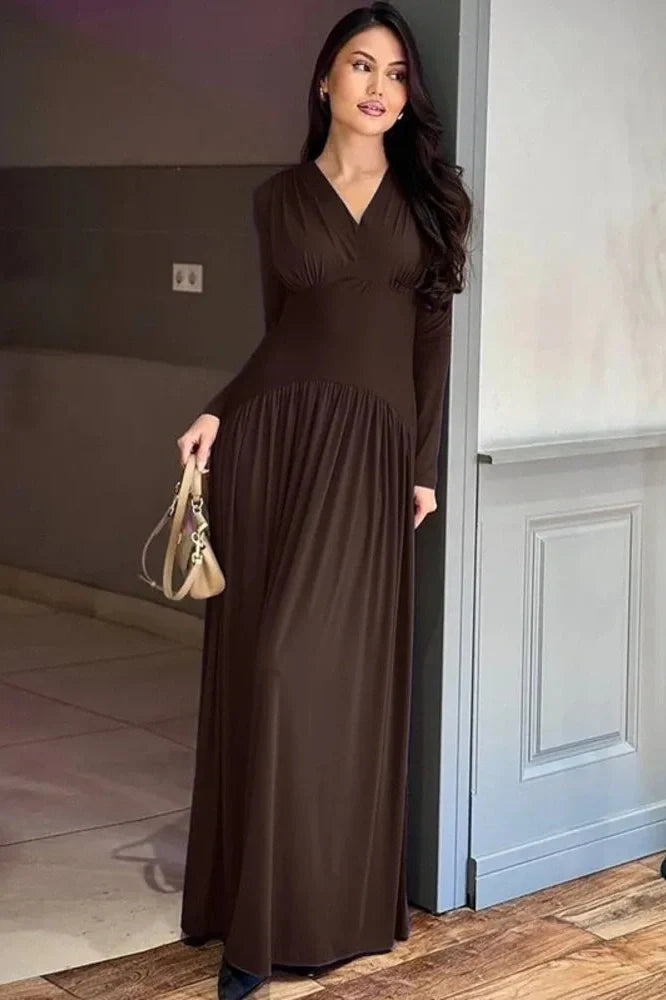 Long Sleeve V Neck High Waist Slim Pleated Maxi Dress