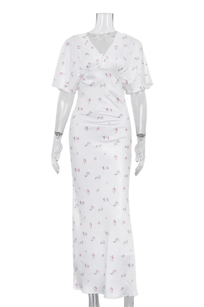 Printed V-Neck High Waist Slim Maxi Dress