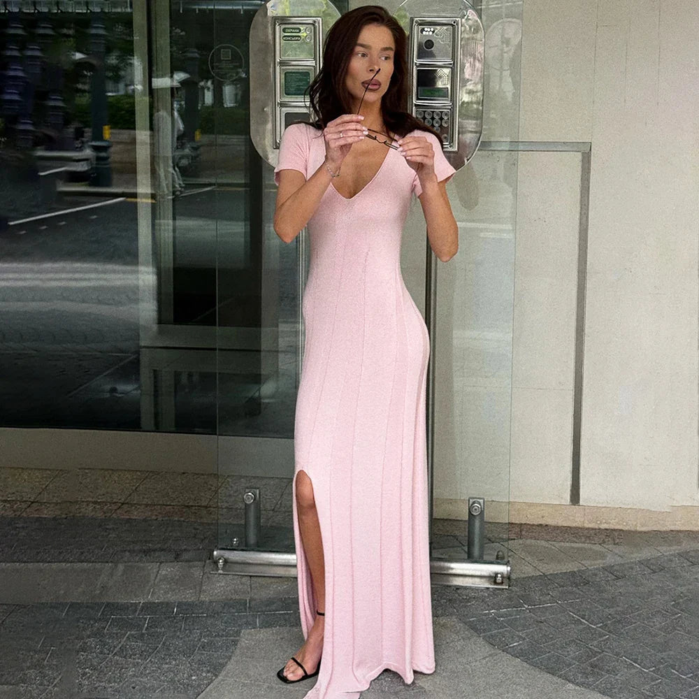 Elegant V-Neck Split Patchwork Maxi Dress