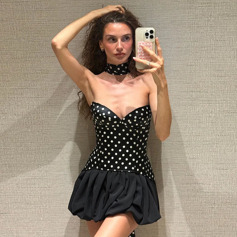 Strapless Polka Dot Patchwork Scarf Ribbon Mini Dress