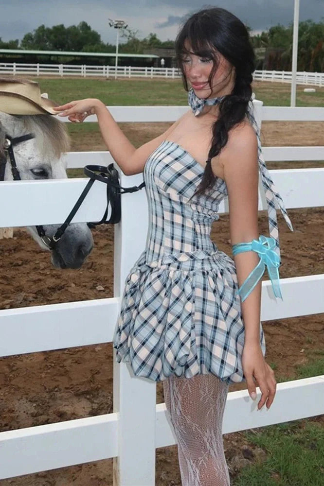 Elegant Floral Plaid Print Straps Mini Dress