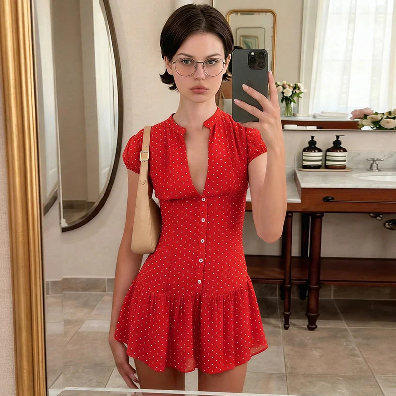 Printed V-Neck Pleated Slim Mini Dress