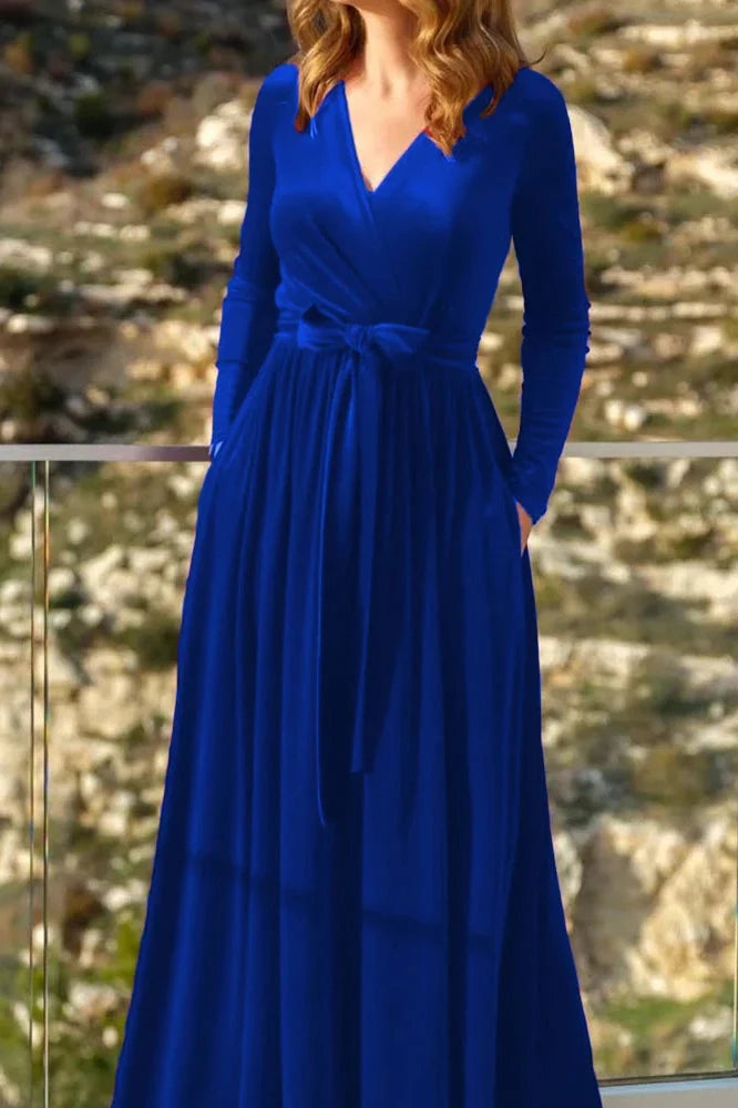 V-Neck  Pleated High Waist A-Line Maxi Dress
