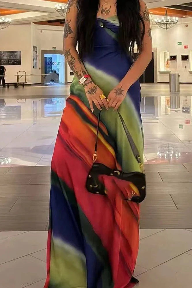 Elegant Printed Sleeveless Slim V-Neck Backless Maxi Dress