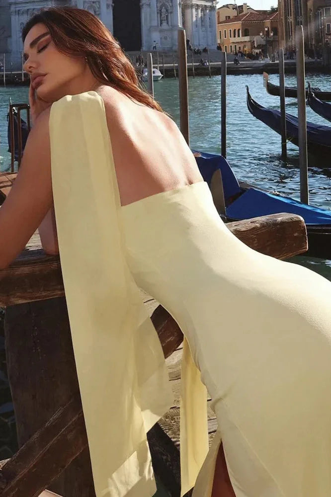 Scarf Collar Off-Shoulder Strapless Backless High Split Maxi Dress