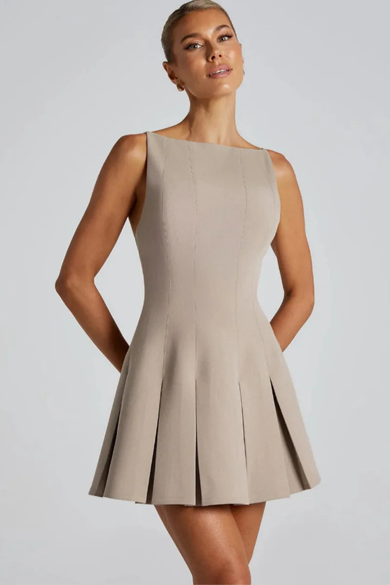 Backless High Waist A-line Spaghetti Strap Sleeveless Pleated Mini Dress