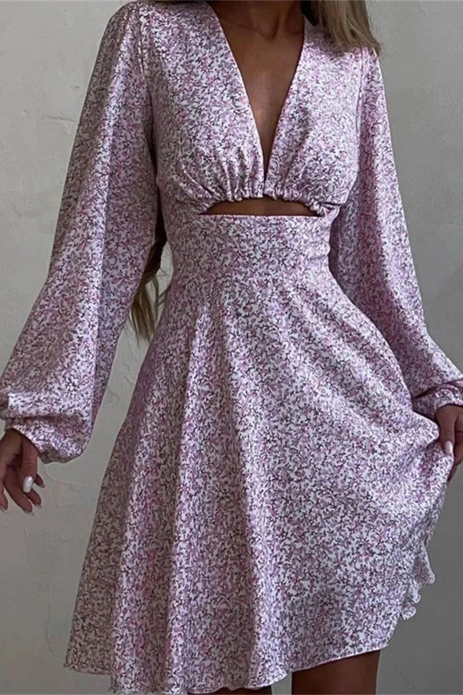 Hollow Out V-Neck Printed Long Sleeve Patchwork Mini Dress