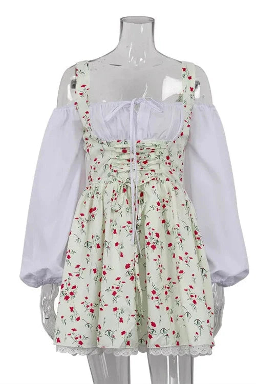 Puff Sleeve Two Piece Strapless Lace Up Mini Dress