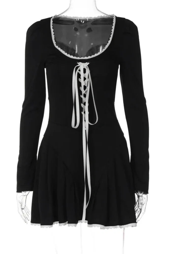 Lace Bandage Square Collar Puff Sleeve Mini Dress