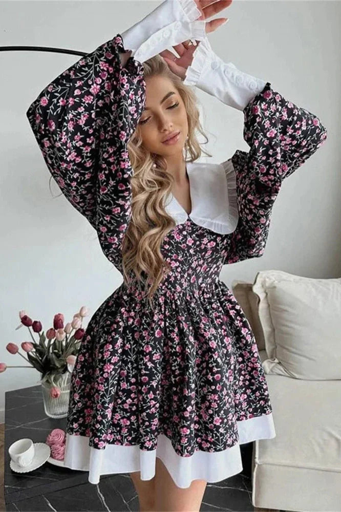 Printed V-Neck Slim Long Sleeve Bodycon Mini Dress