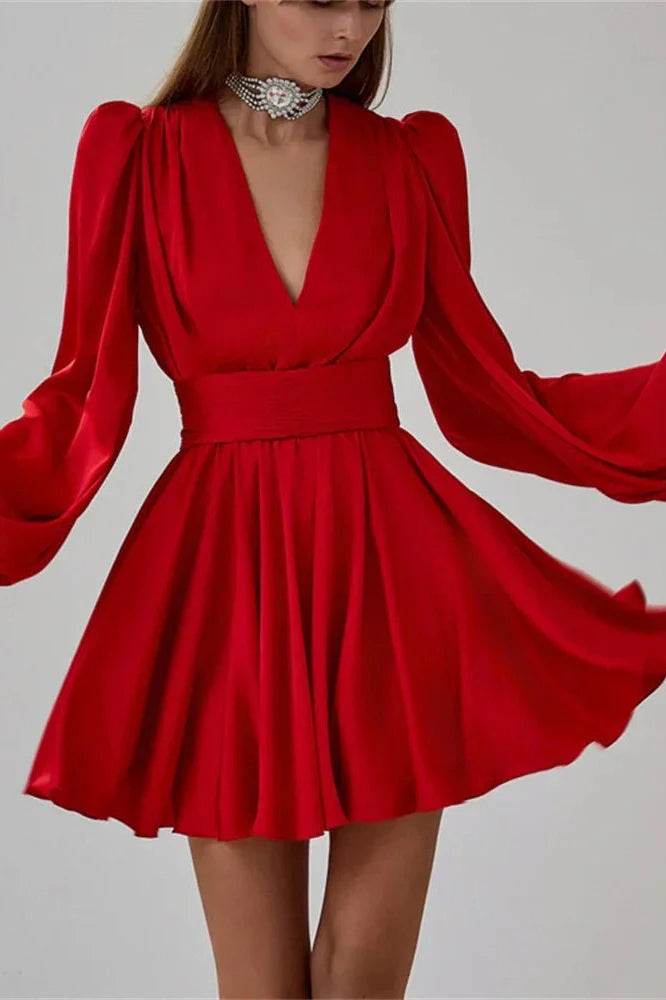 V-Neck High Waist Slim Lace-Up Mini Dress