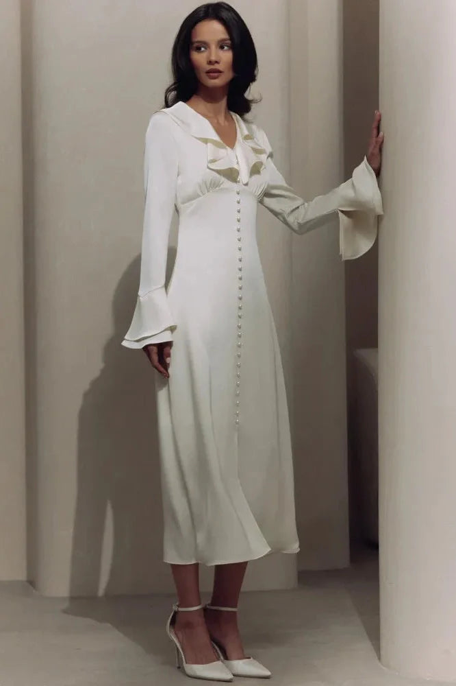 Elegant V Neck Slim Long Sleeve High Waist Midi Dress