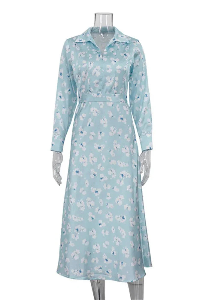 Printed Long Sleeve High Waist Slim Midi Dress