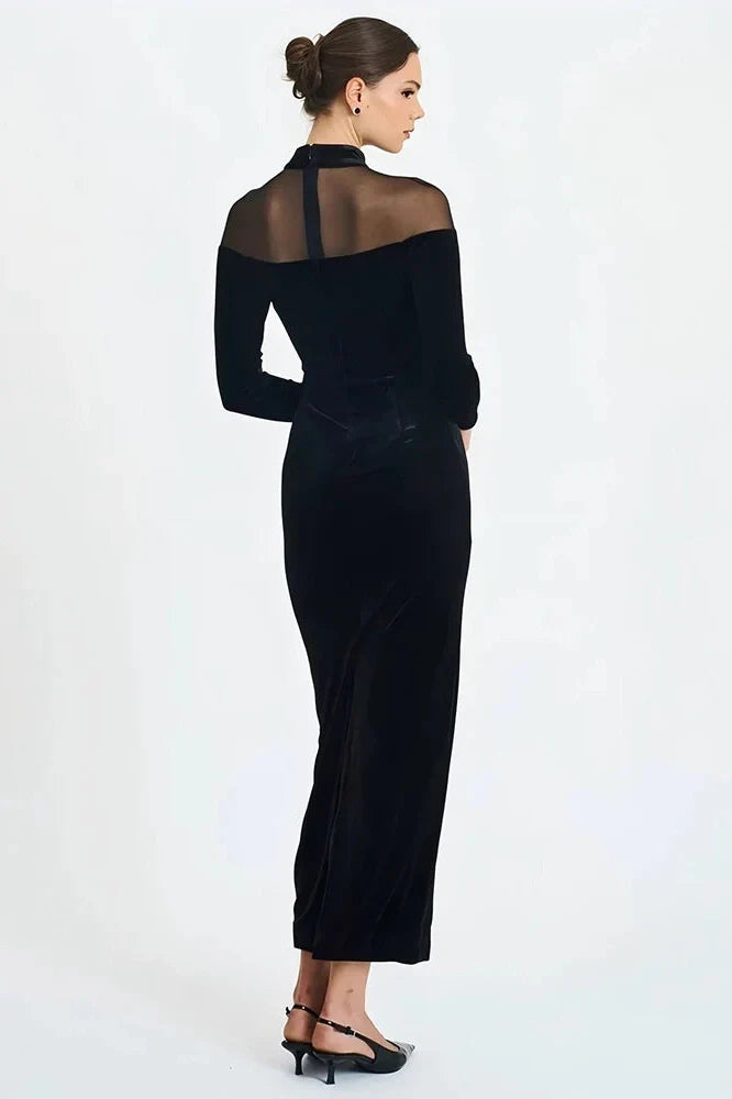 Off-Shoulder Long Sleeve High Collar Backless Bodycon Maxi Dress