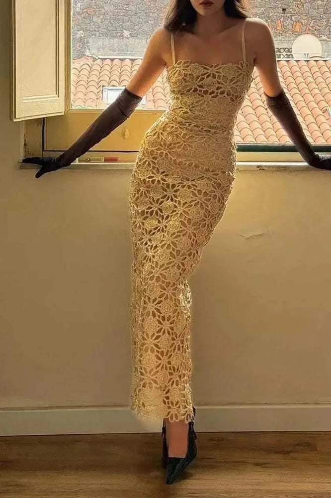 Elegant Lace Hollow Out Sleeveless Maxi Dress
