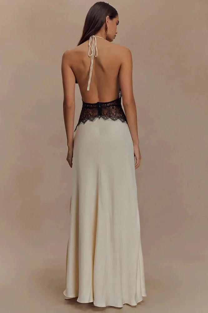 Backless Patchwork Lace Deep V Neck Sleeveless High Waist Maxi Dress