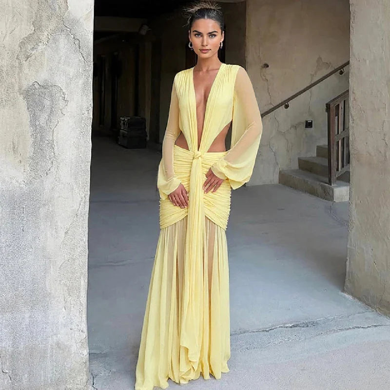 Pleated Deep V-Neck Bodycon Maxi Dress
