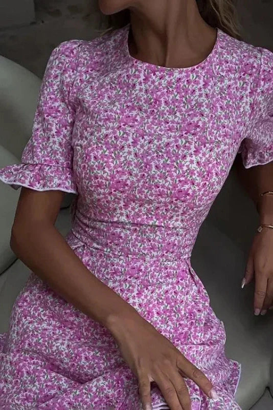 Hollow Out Printed Backless Slim Fit Short Sleeve Mini Dress