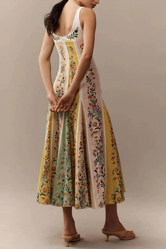 Floral Printed Slim High Waist Sleeveless Pleated Maxi Dress