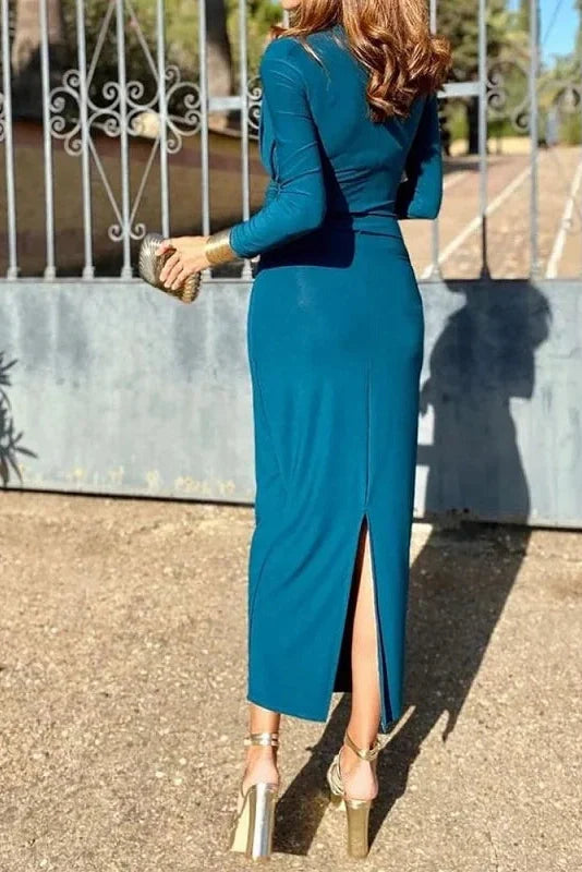 Elegant Long Sleeve Split Maxi Dress