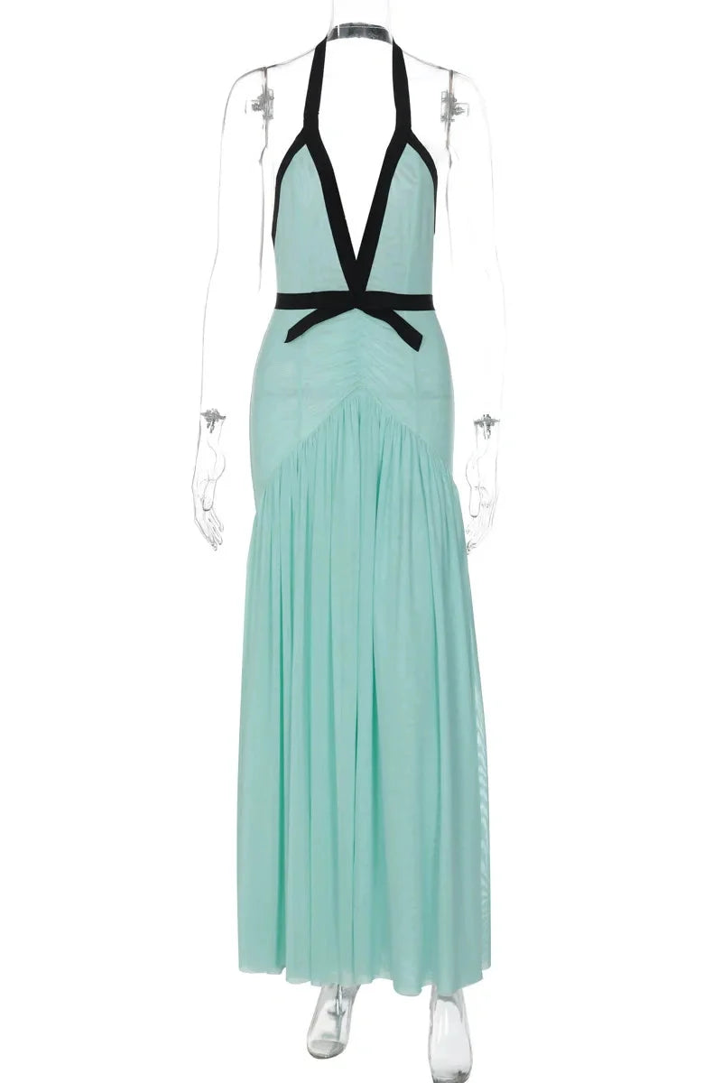 Elegant Mesh Pleated Backless V-Neck Maxi Dress