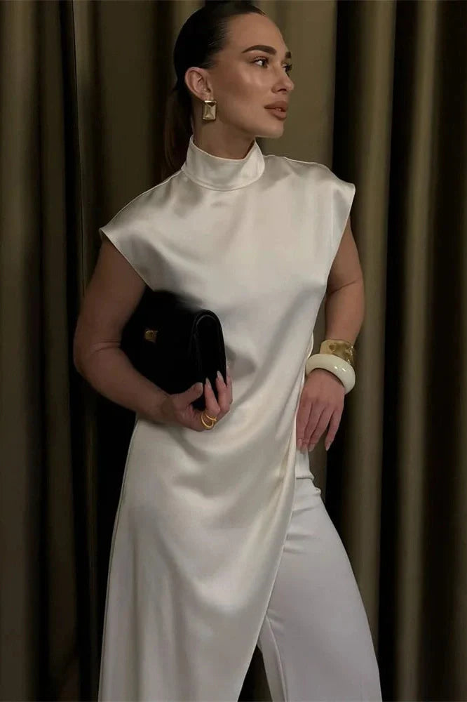 Sleeveless Turtleneck Patchwork Slim Midi Dress