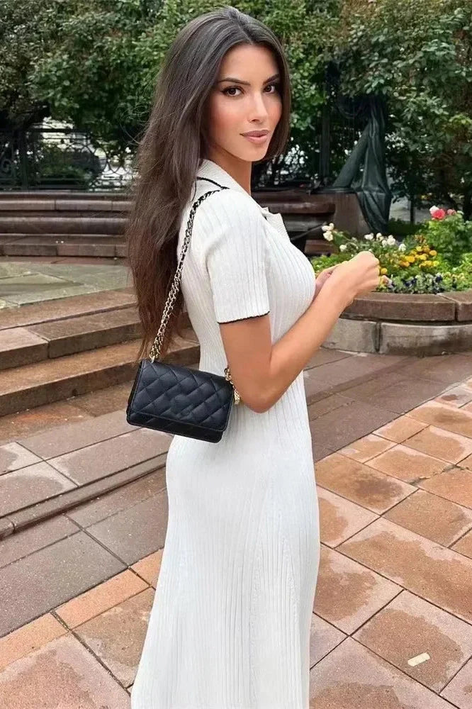 Short Sleeve Patchwork High Waist Midi Dress