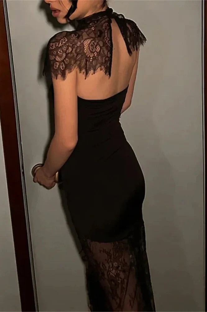 Lace Printed See-Through Turtleneck Patchwork Maxi Dress