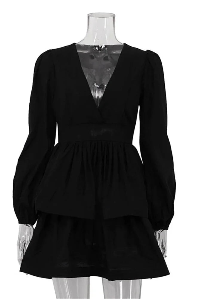 V-Neck Long Sleeve Bodycon Mini Dress
