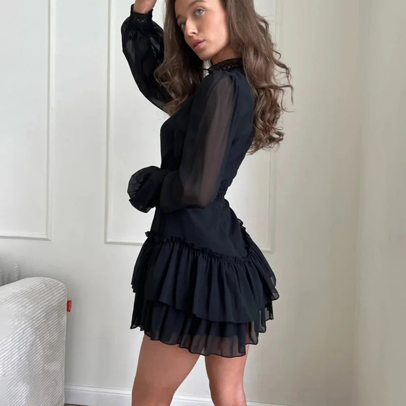 Hollow Out See Through Patchwork High Waist Mini Dress