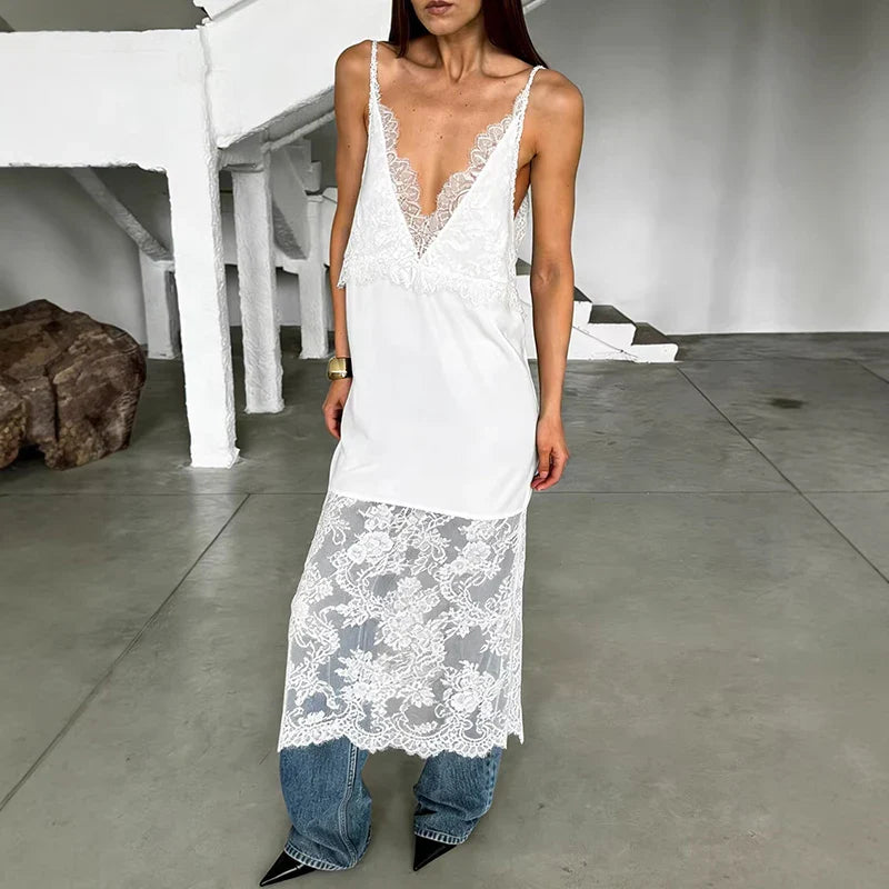Lace Slit Deep V-Neck Loose Midi Dress