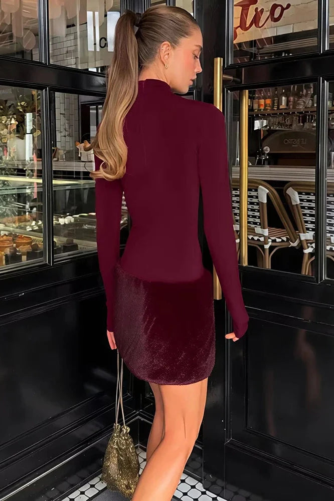 Turtleneck Long Sleeve Patchwork High Waist Bodycon Mini Dress