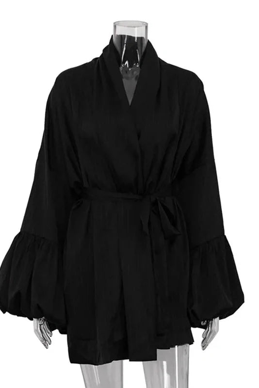 Puff Sleeve Lace-Up Striped Loose V-Neck A-Line Mini Dress