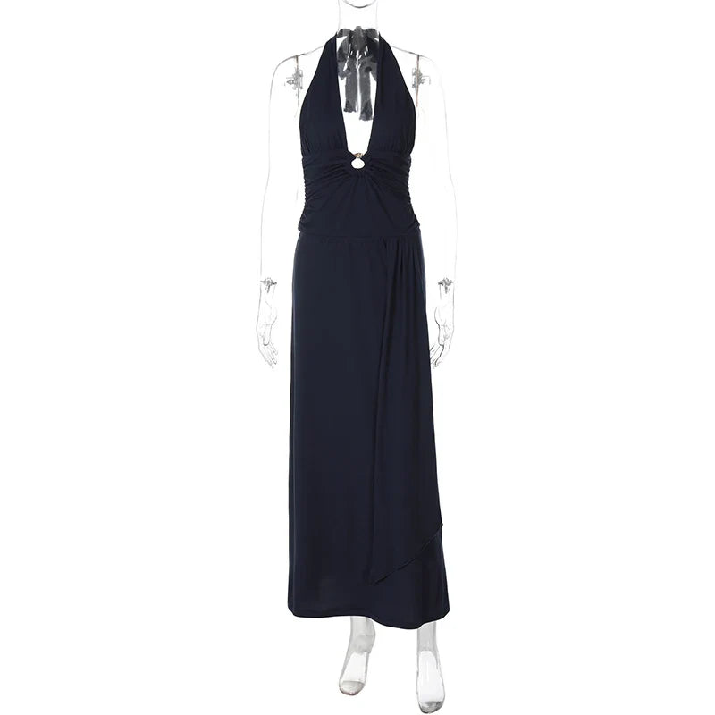 Deep V-Neck Hollow Out Lace Up Sleeveless Backless Maxi Dress