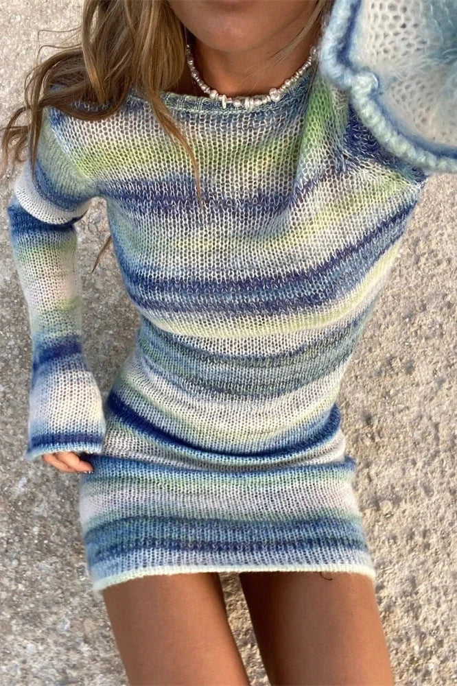 Striped Printed Knit Long Sleeve Loose Backless Mini Dress