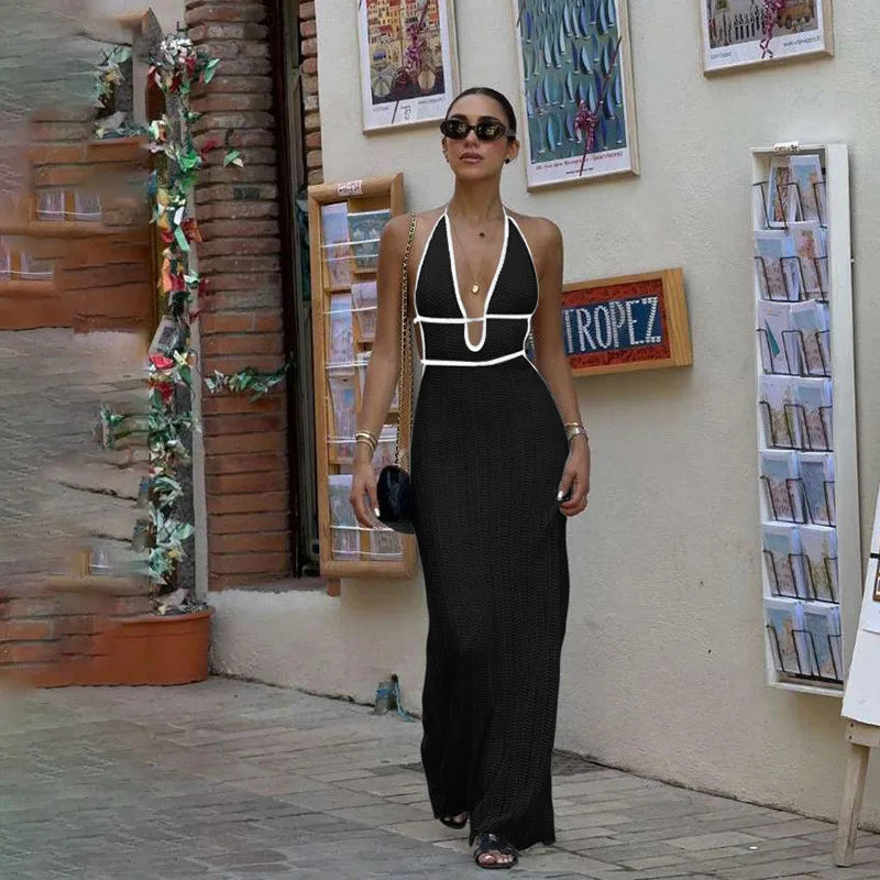 Backless Lace-Up V-Neck Sleeveless Maxi Dress