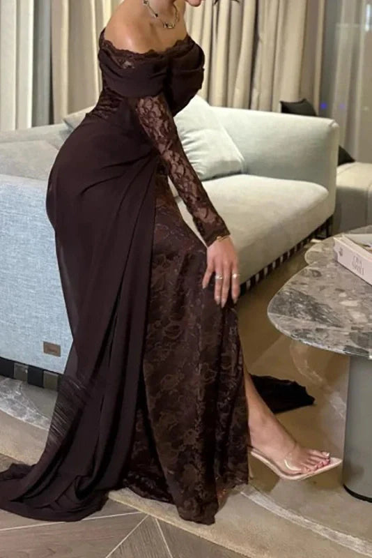 Elegant High Waist Split Pleated Off-Shoulder Lace Maxi Dress