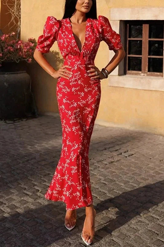 Hollow Out Puff Sleeve Slim V-Neck Printed Pleated Maxi Dress