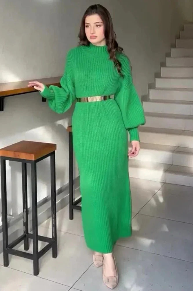 Elegant Knitted Turtleneck Long Sleeve Maxi Dress