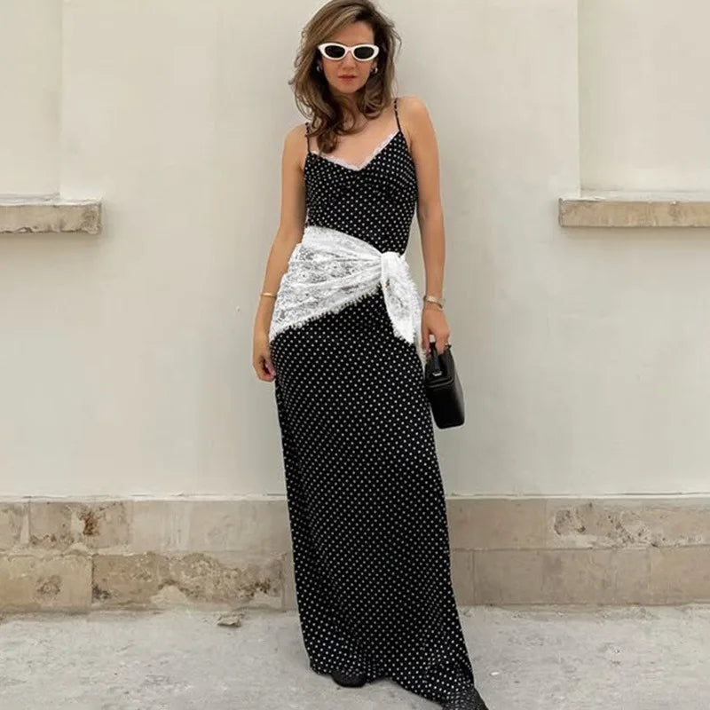 V-Neck Polka Dot Lace Patchwork Sleeveless Maxi Dress